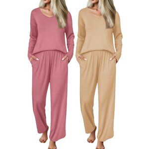 Soft Ribbed Knit Pajama Set Long Sleeve V-Neck Loose Fit